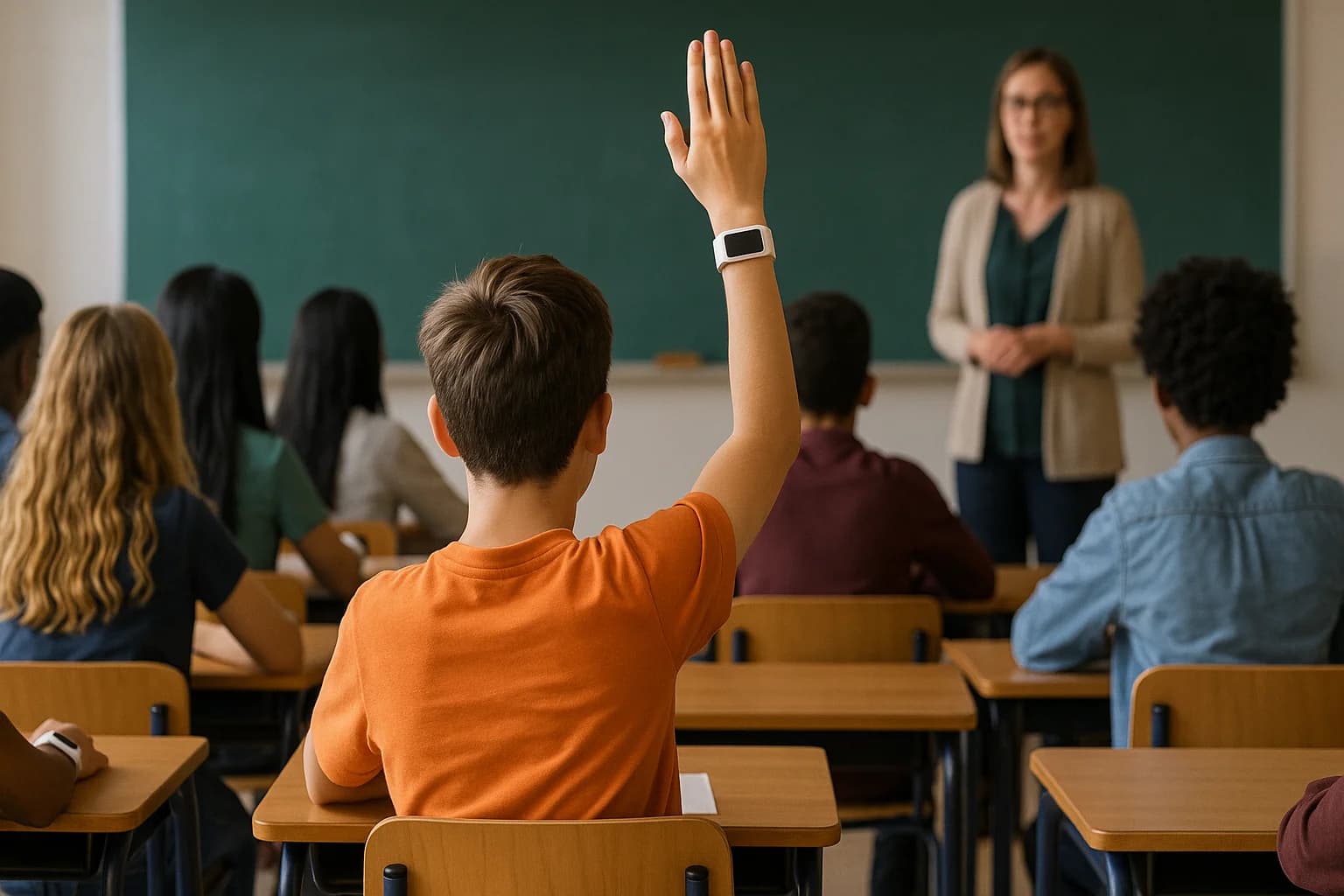 student with hand up