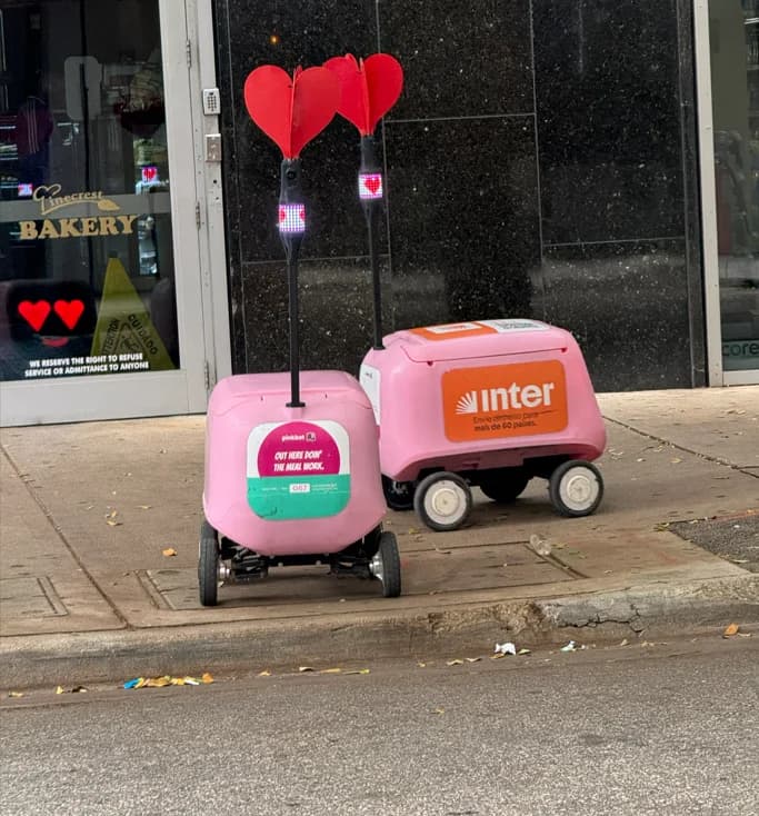 Pink delivery robots on a Miami street